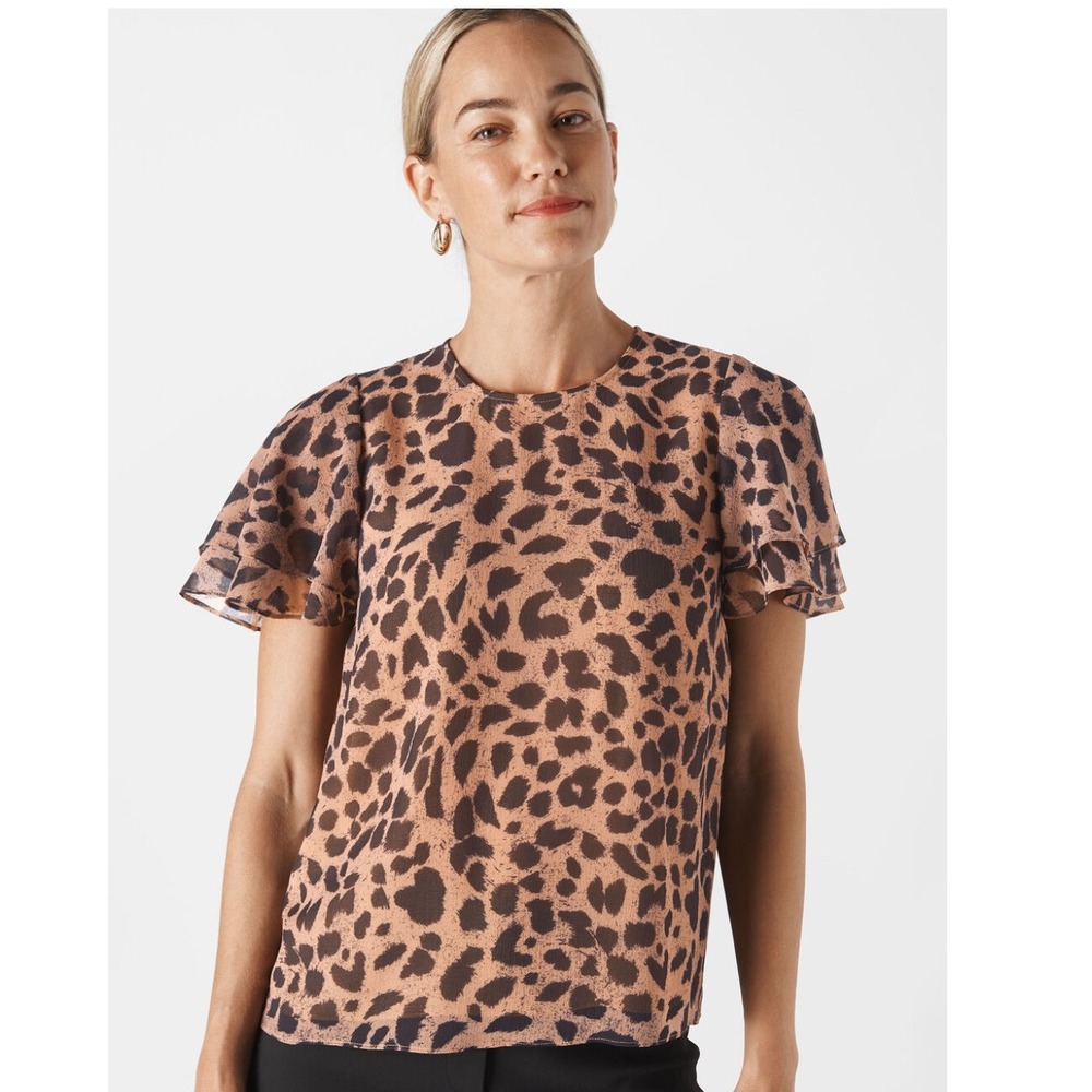 WHISTLES Leopard Print Brushed Cheetah‎ Ruffle Sleeve Size 10 Shell Top Career